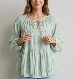 J.P. & Mattie Sage Green 100% Cotton Peasant Blouse Boho Tiered Top Size M